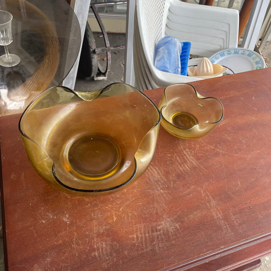 Pair of Amber Glass Ruffled Edge Bowls