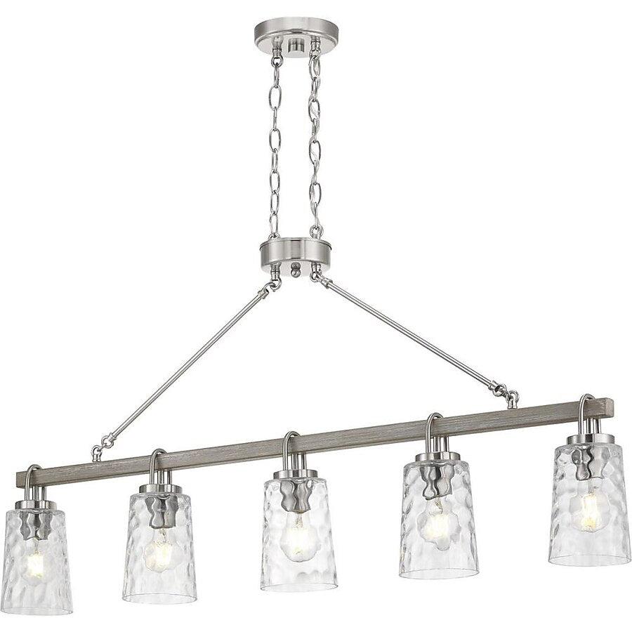 Progress Lighting Tiana 5 Light Brushed Nickel with Driftwood Accents Coastal Clear Glass Linear Large Hanging Kitchen Island Light