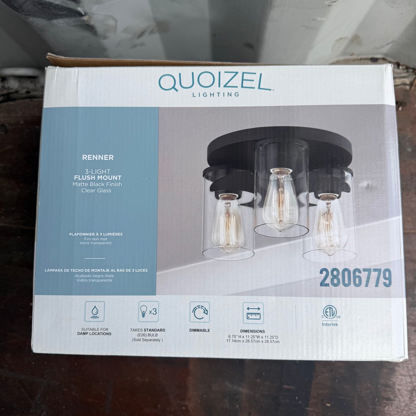 QUOIZEL RENNER 3-Light Matte Black Clear Glass Flush Mount