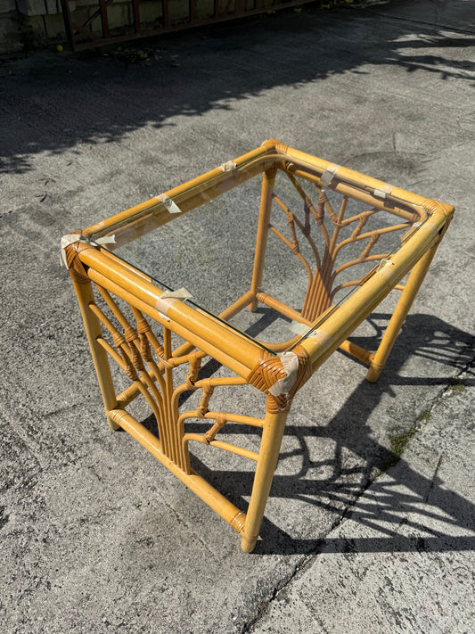 Rattan and Glass Side Table with Tree Design Base