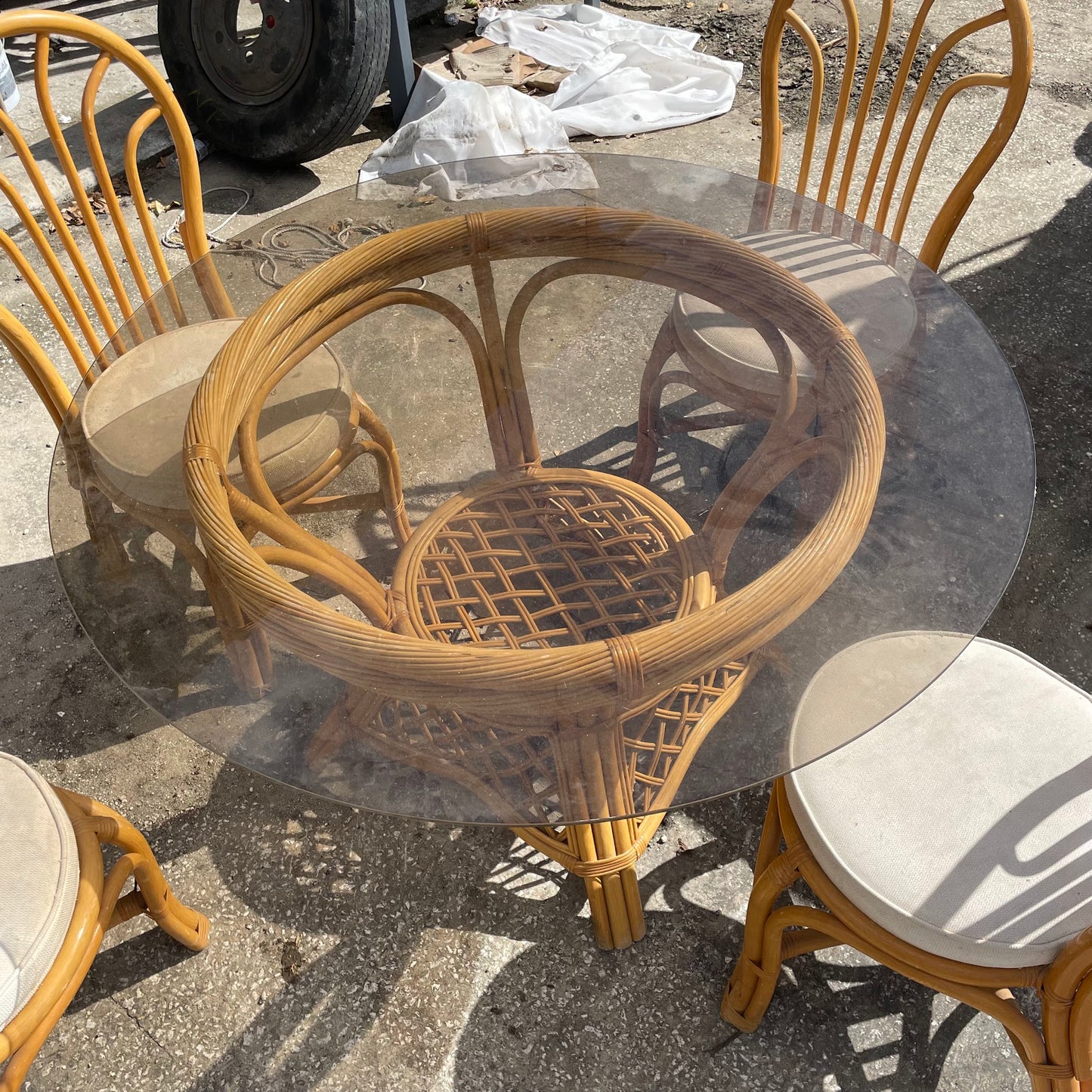 Rattan Dining Table with Glass Top + 4 Rattan Chairs with Cushions
