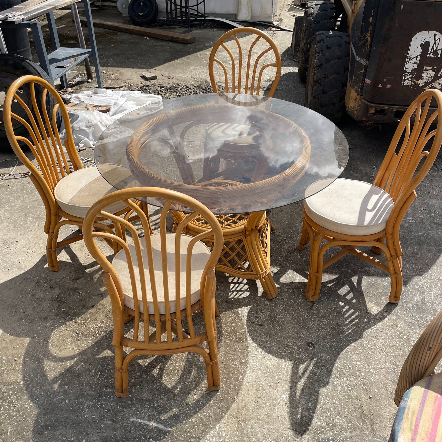 Rattan Dining Table with Glass Top + 4 Rattan Chairs with Cushions
