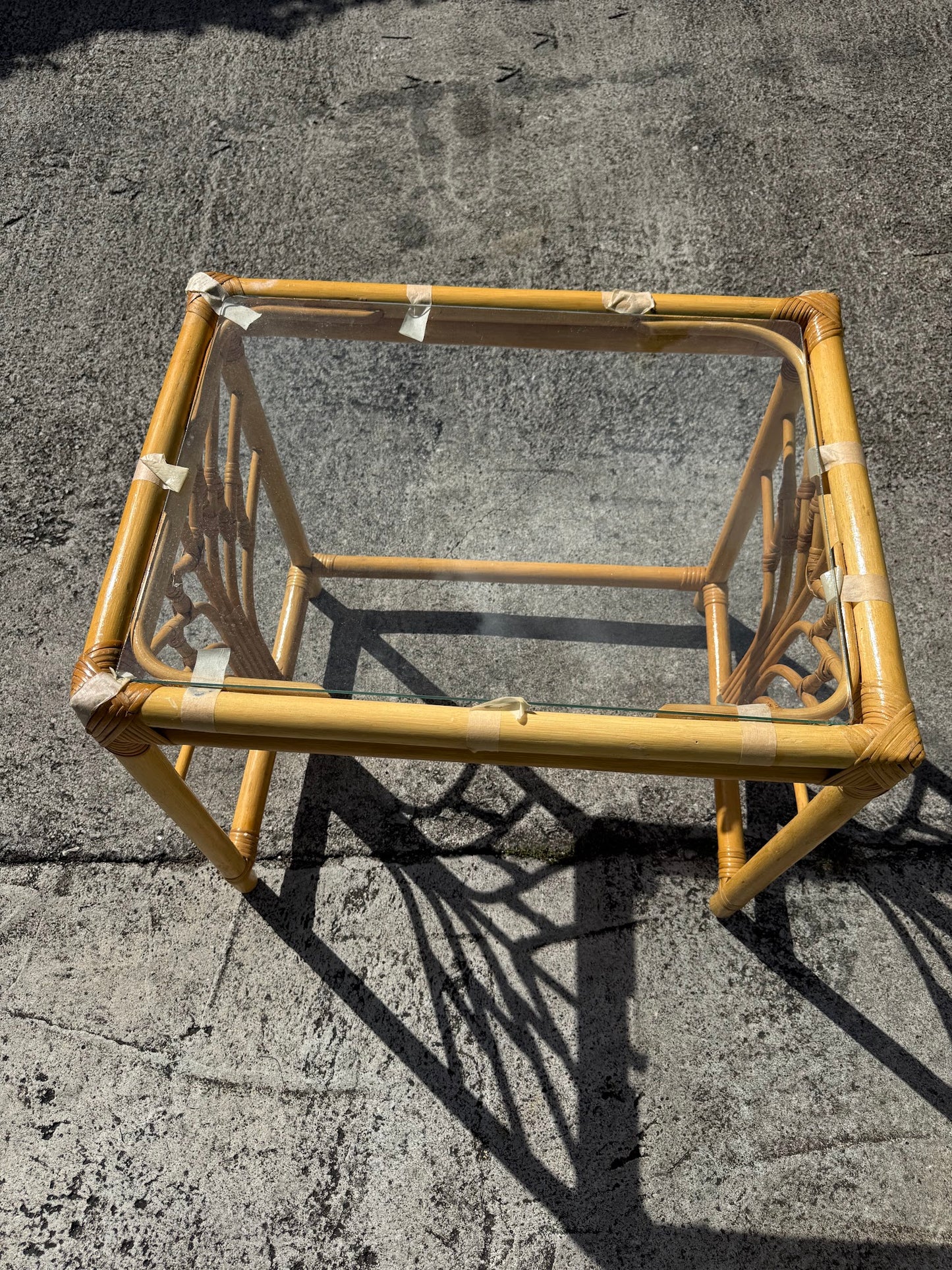 Rattan/Glass Side Table w/ Tree Design Base