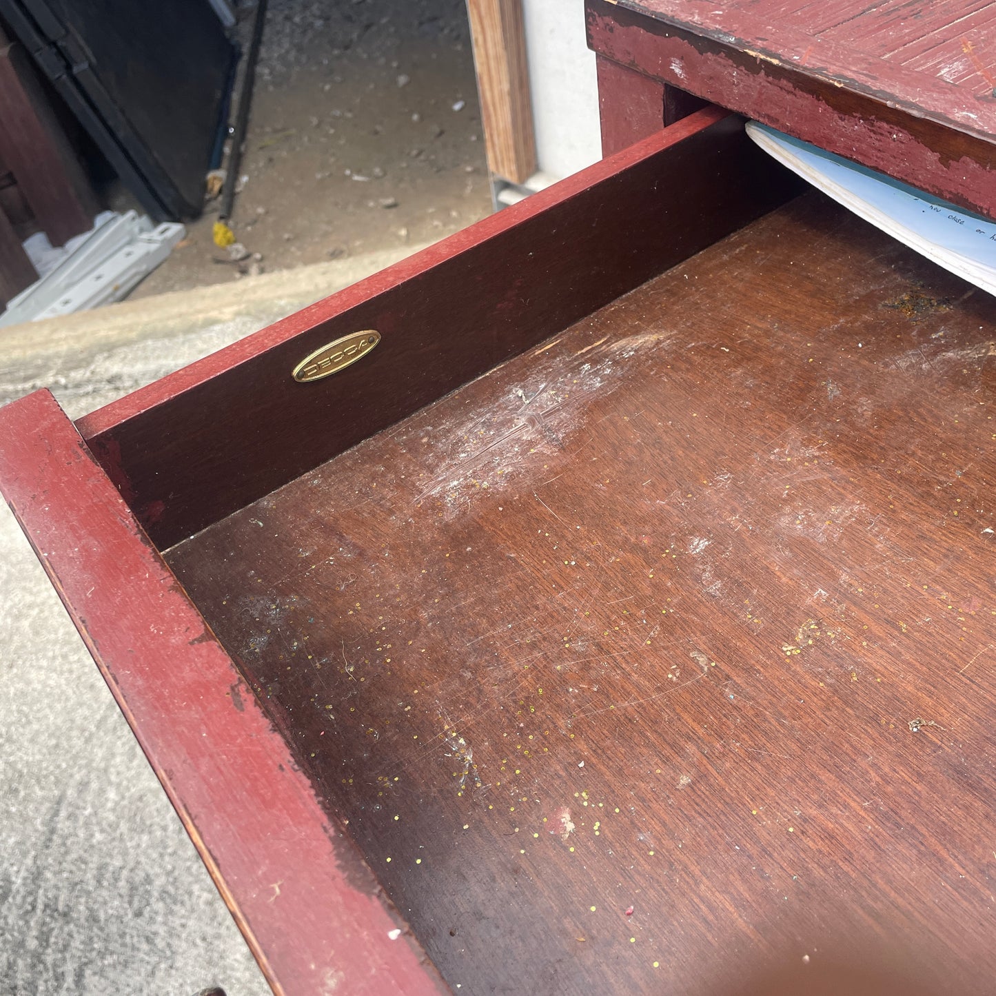 Red Wood Desk with Drawers
