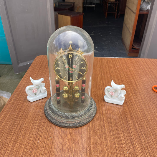 Vintage Glass Dome Perpetual Motion Clock with Rose Dial