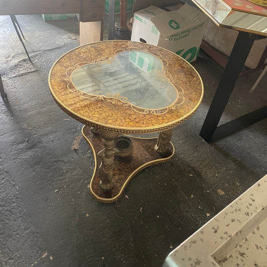 Vintage Round Side Table with Decorative Glass Top