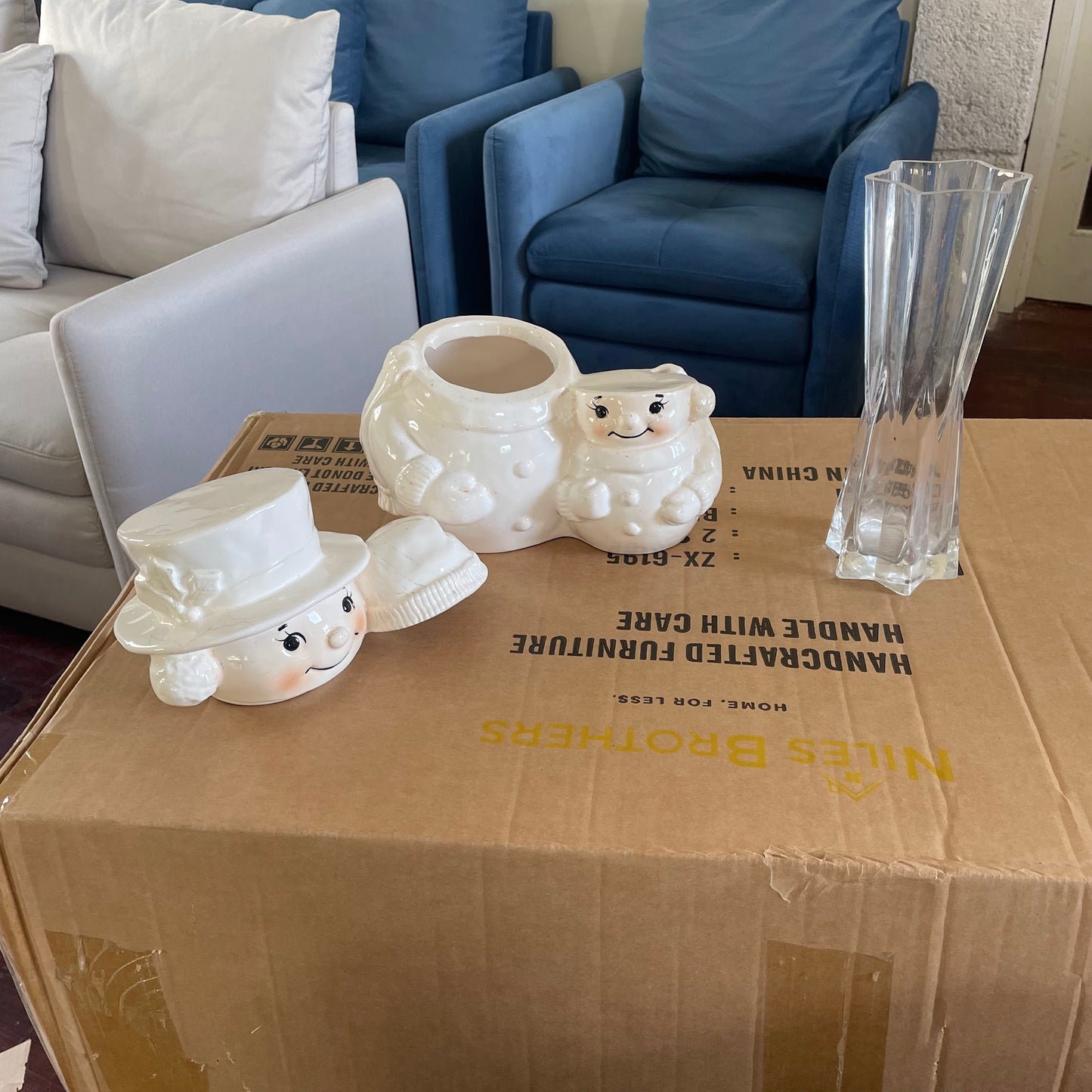 White Ceramic Snowman Cookie Jar with Lid + Vase