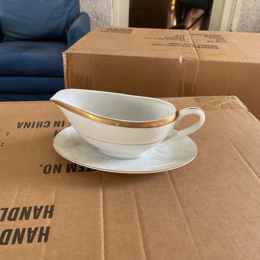 White Gravy Boat with Gold Trim and Saucer