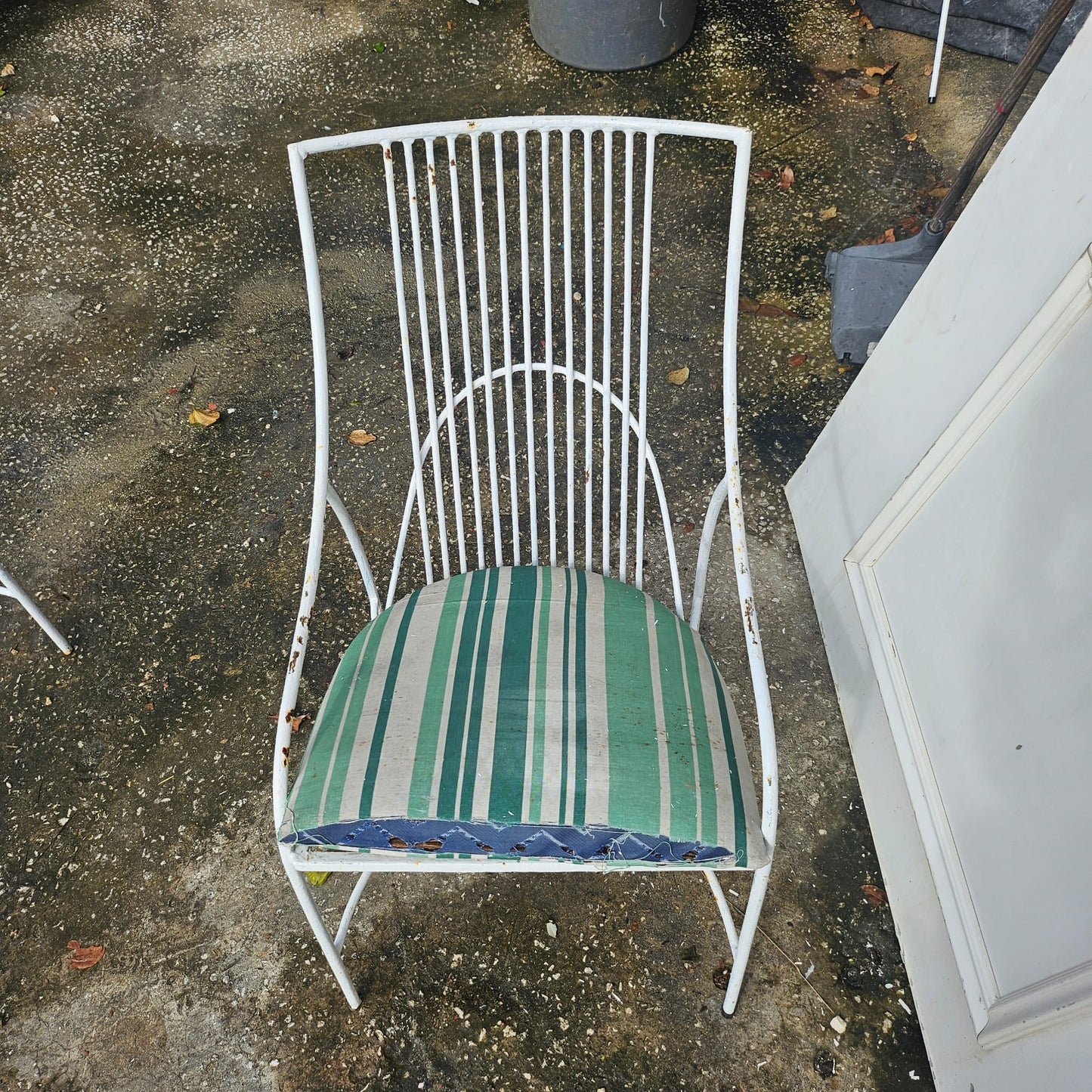 White Metal Patio Chair with Striped Cushion #2
