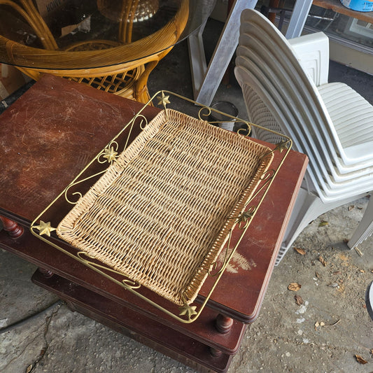 Wicker Serving Tray with Gold Star Metal Frame