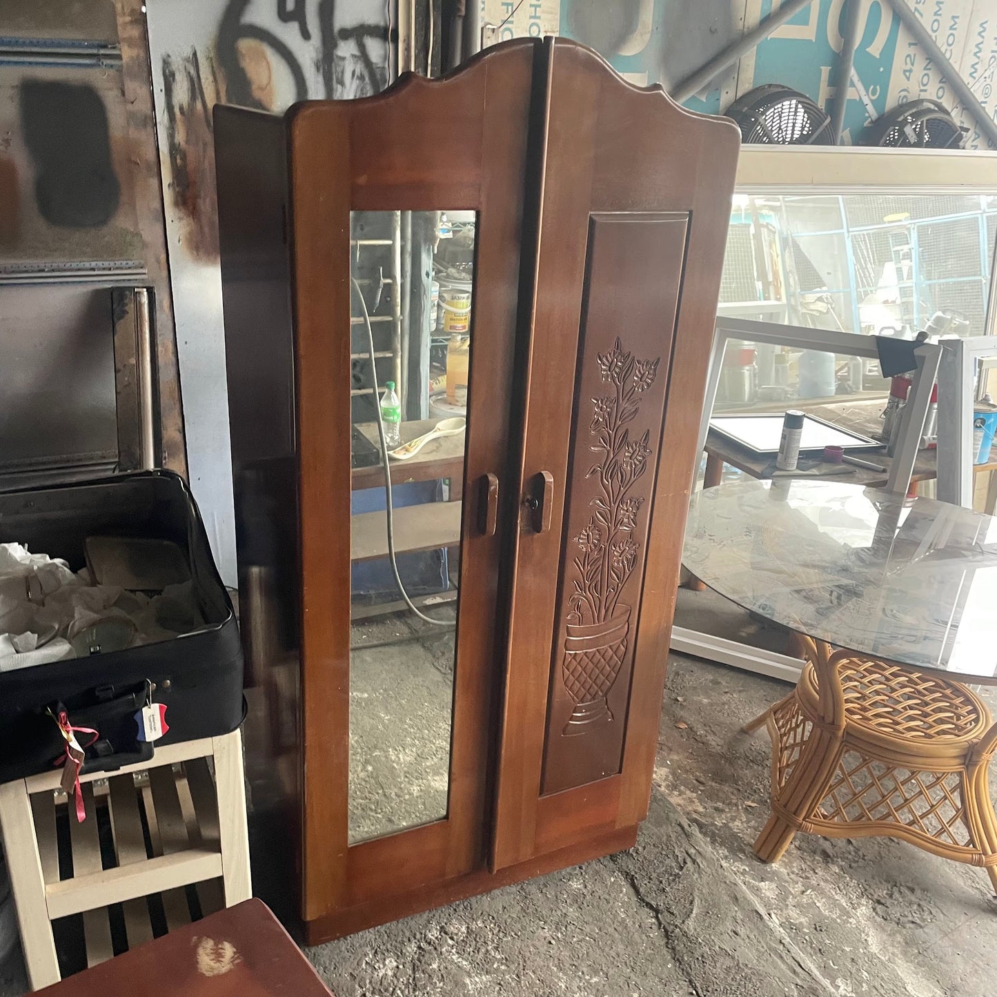 Wooden Wardrobe with Mirror and Carved Door